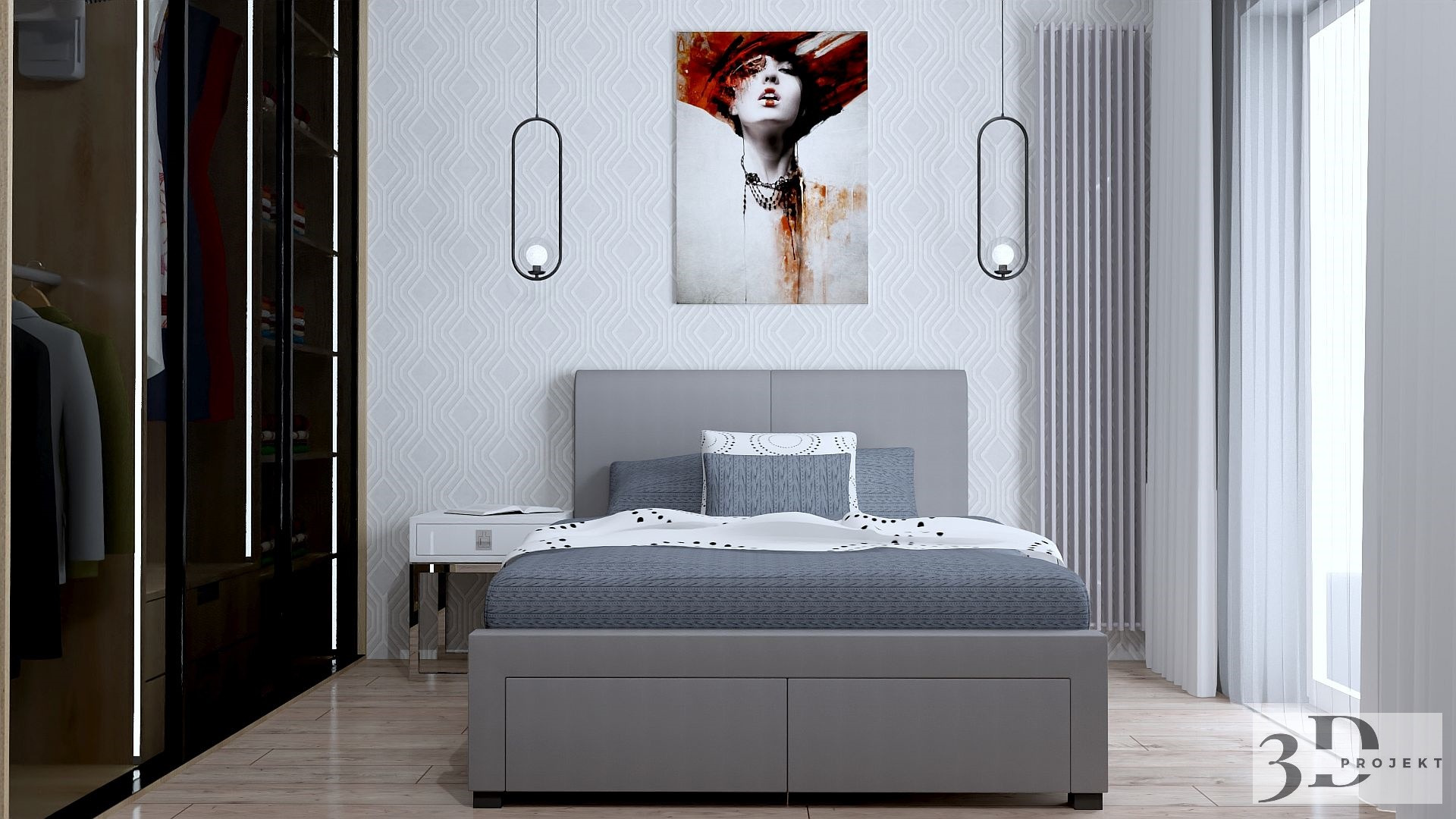 Nowoczesna sypialnia w szarościach z łóżkiem z pojemnikiem, szafą wnękową z oświetleniem LED i abstrakcyjnym obrazem nad wezgłowiem.