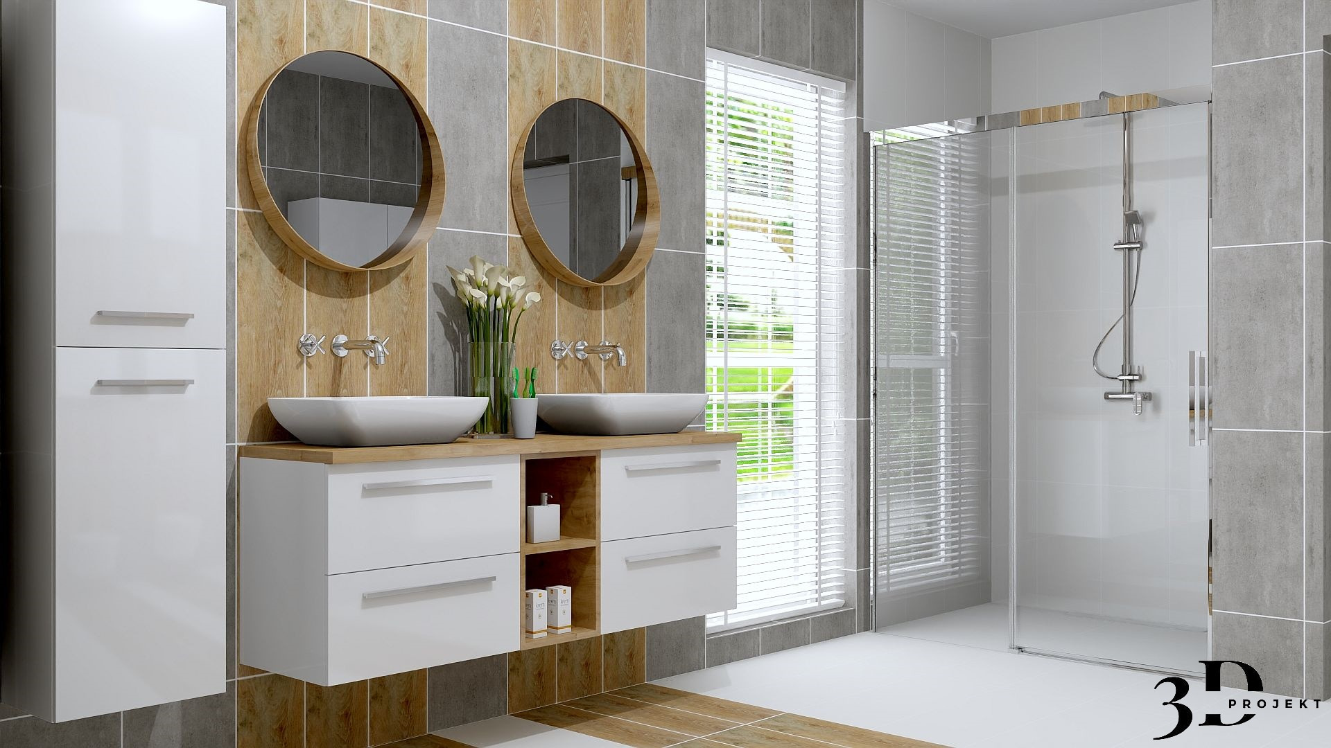 Wizualizacja łazienki z dwoma okrągłymi lustrami nad umywalkami wpuszczonymi w białą szafkę z drewnianym blatem, obok wysoka szafka, kabina prysznicowa w tle.