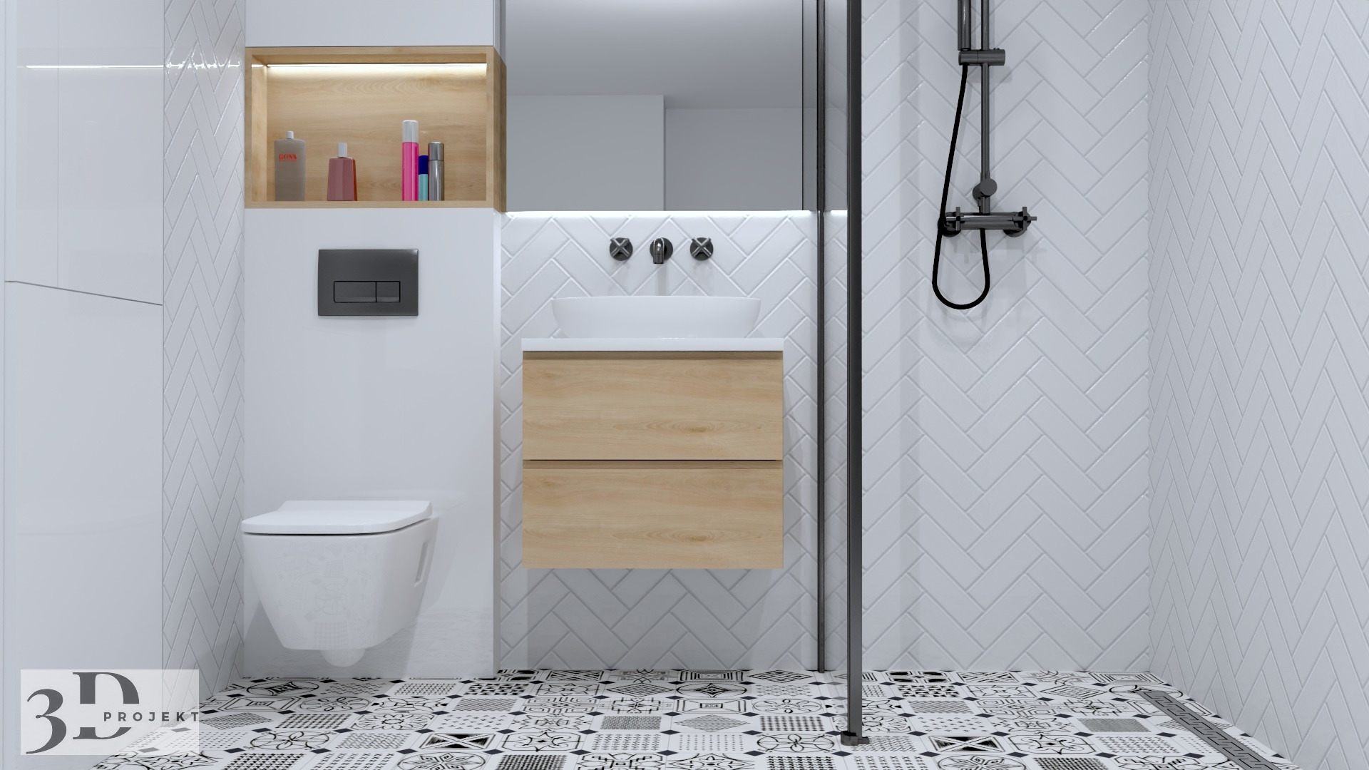 Nowoczesna łazienka z białą armaturą i drewnianą szafką pod umywalką, wzorzysta podłoga i białe płytki ułożone w jodełkę.