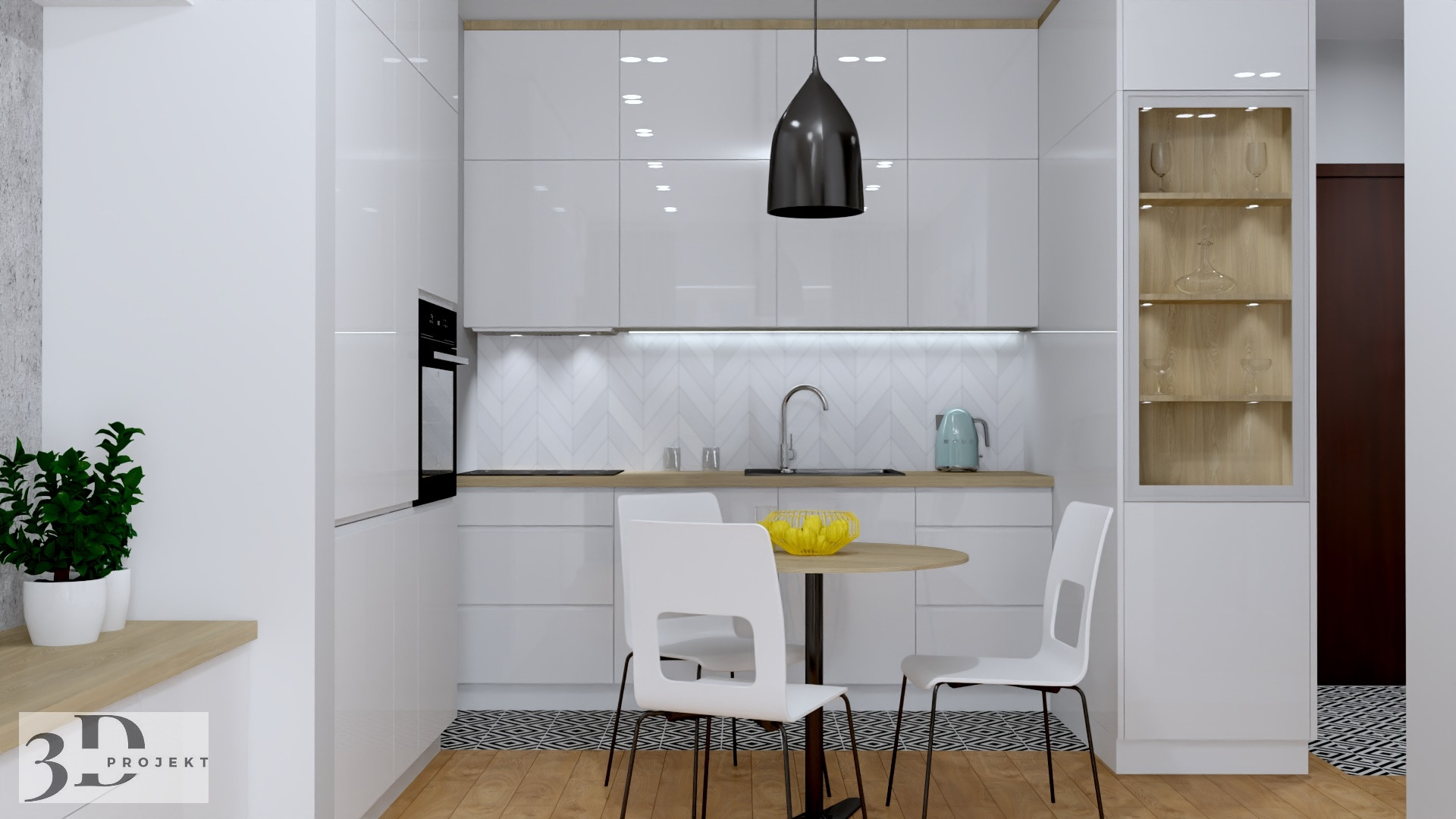 Wizualizacja białej kuchni z błyszczącymi frontami, okrągłym stołem i czarną lampą wiszącą. Na blacie stoi czajnik i koszyk z owocami, a podłoga wyłożona jest czarno-białą mozaiką.