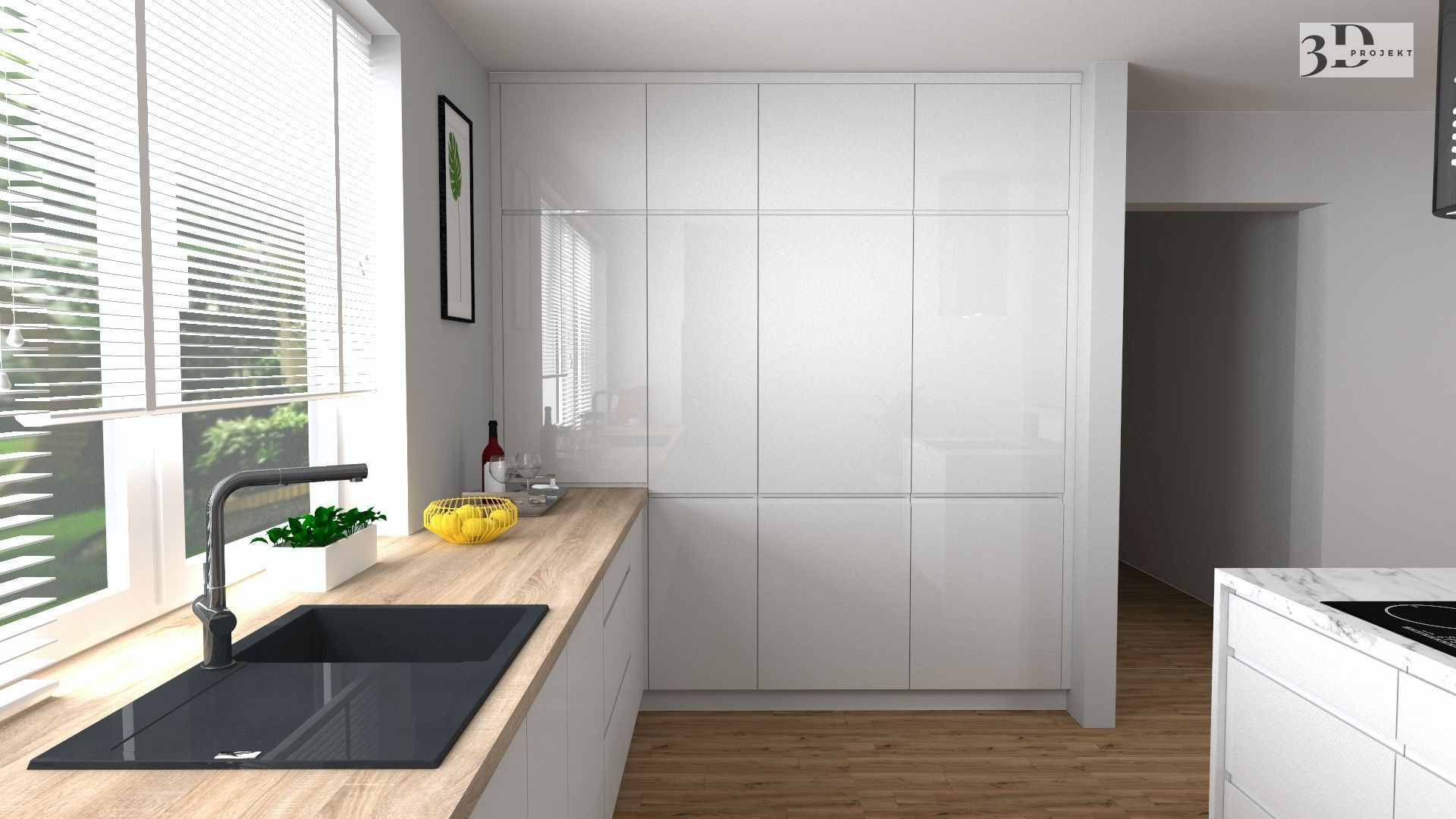 Wizualizacja nowoczesnej kuchni z białymi, lakierowanymi szafkami, drewnianym blatem, czarnym zlewem i baterią, z oknem z żaluzjami i widokiem na zieleń za oknem.