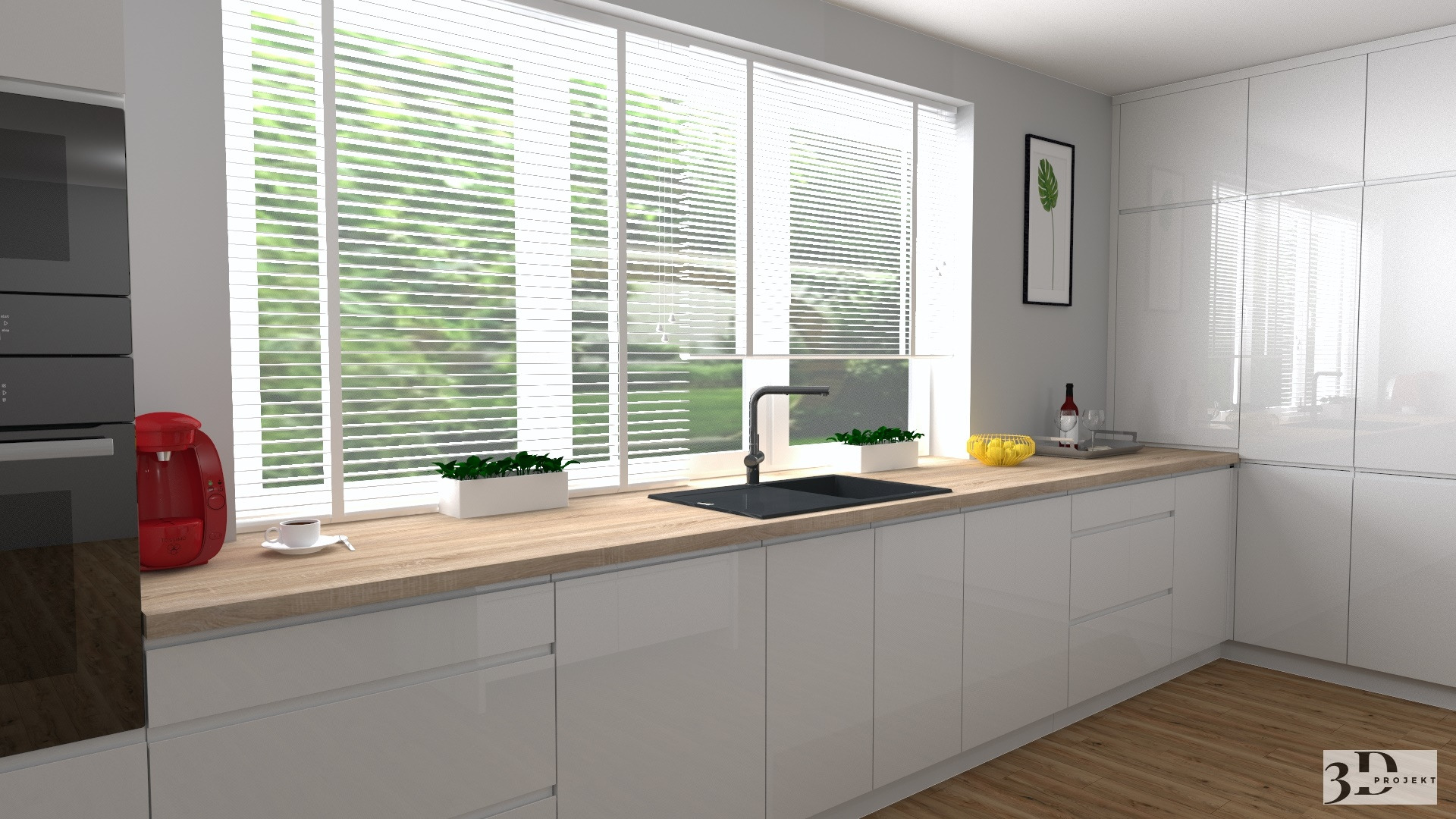 Biała kuchnia z połyskiem, drewniany blat, czarny zlew i bateria, rolety w oknie, ekspres do kawy i filiżanka na blacie.