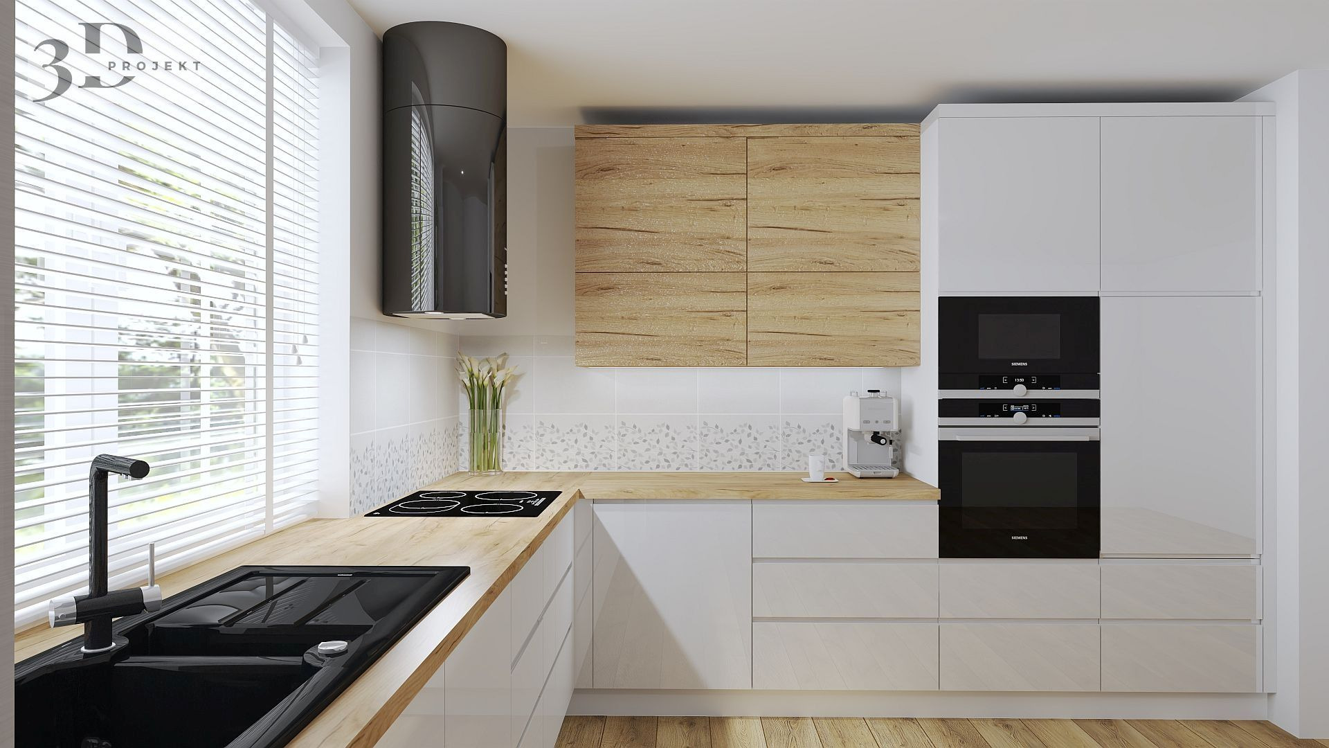 Wizualizacja nowoczesnej kuchni z białymi szafkami na wysoki połysk, drewnianymi górnymi szafkami, czarnym okapem cylindrycznym i sprzętem AGD marki Siemens.