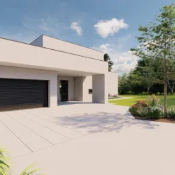 Wizualizacja nowoczesnego, parterowego domu z płaskim dachem, garażem z czarną bramą i minimalistycznym ogrodem z kwitnącymi rabatami.