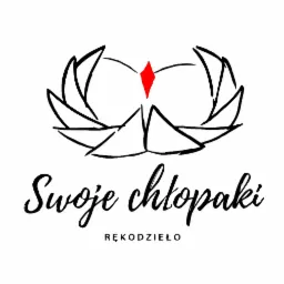 Logo firmy 'Swoje chłopaki' z motywem rękodzieła, przedstawiające stylizowany kwiat z czerwoną łezką pośrodku, poniżej napis 'Swoje chłopaki' kursywą i 'RĘKODZIEŁO' wersalikami.