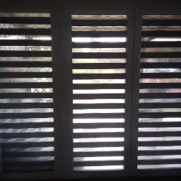 Trzy okna PCV z zamontowanymi roletami typu dzień i noc w kolorze szaro-białym, widok na zewnątrz, z lewej strony fragment zasłony.