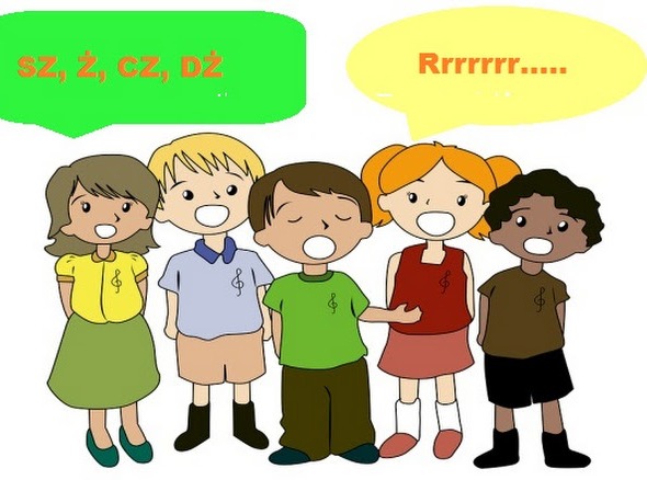 Ilustracja: grupa dzieci w różnym wieku, ćwiczących wymowę głosek, z dymkami dialogowymi zawierającymi przykłady dźwięków 'sz, ż, cz, dż' oraz 'rrrrrr'.