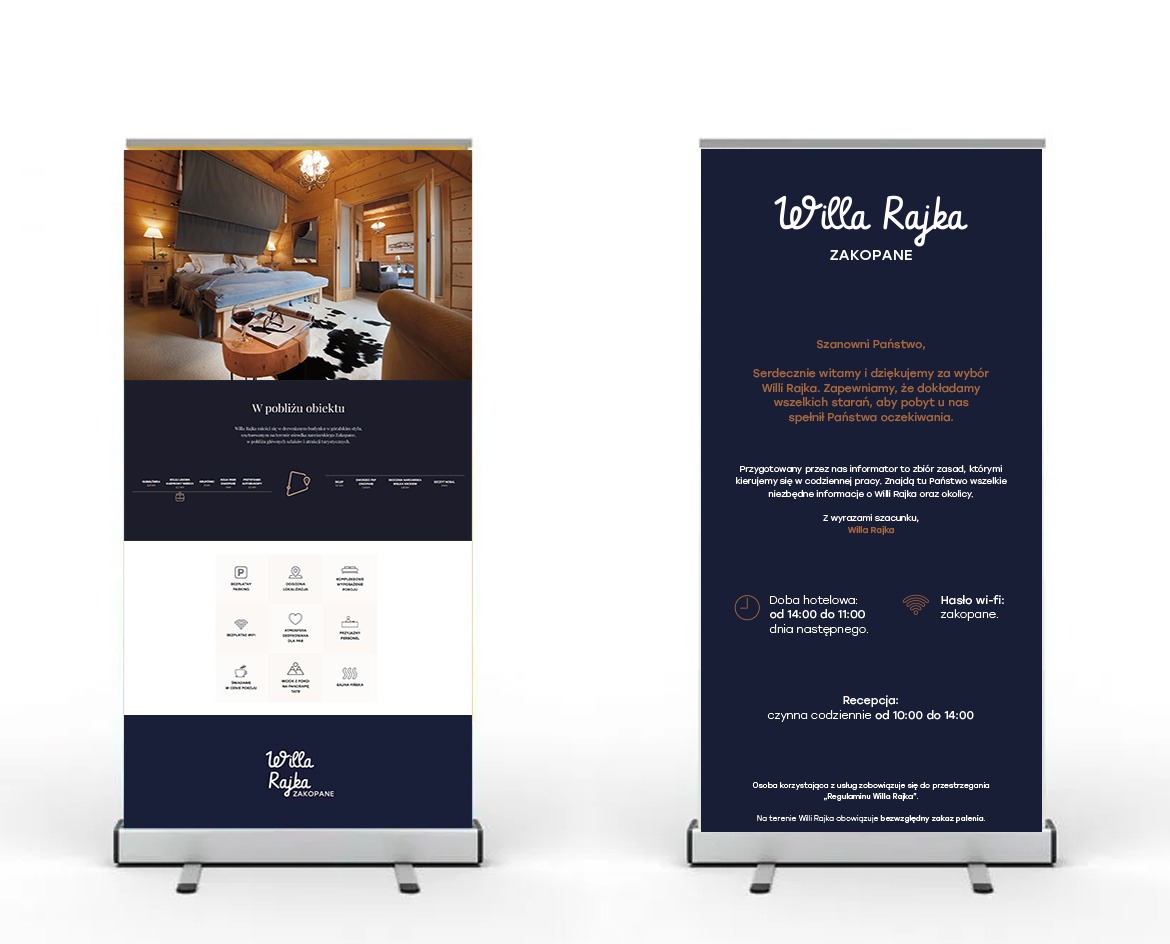 Dwa roll-upy reklamowe Willi Rajka w Zakopanem: jeden z widokiem na wnętrze pokoju, drugi z informacjami o obiekcie, godzinach pracy recepcji i haśle Wi-Fi.