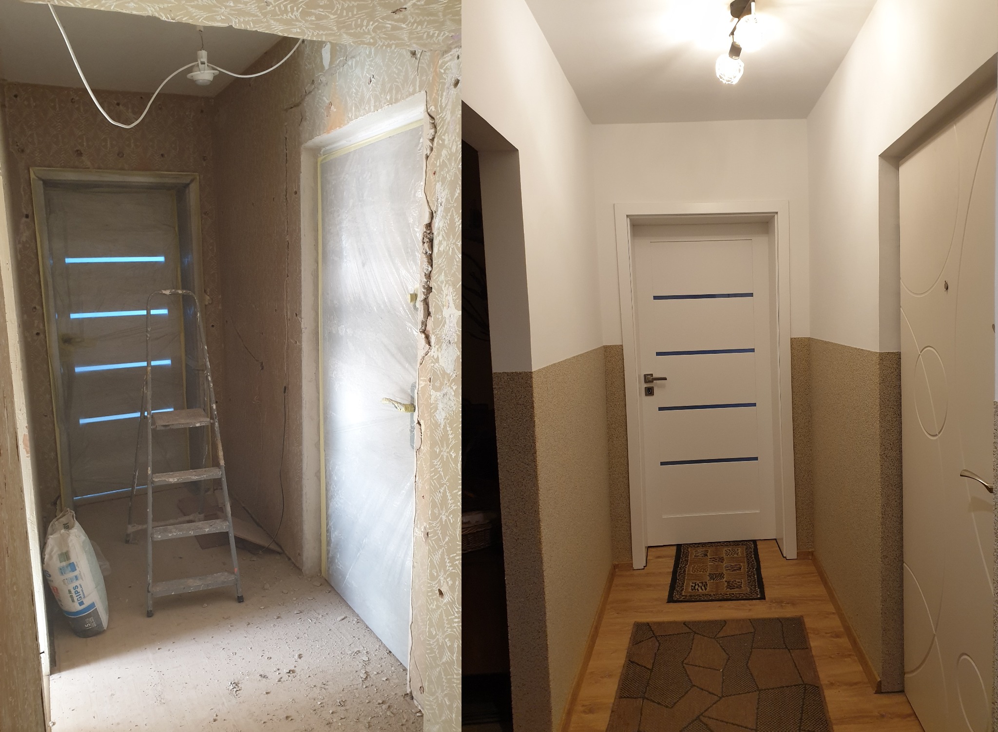 Korytarz przed i po remoncie: widok na odnowione ściany, nową podłogę i drzwi, z widocznymi etapami prac przygotowawczych i wykończeniowych.