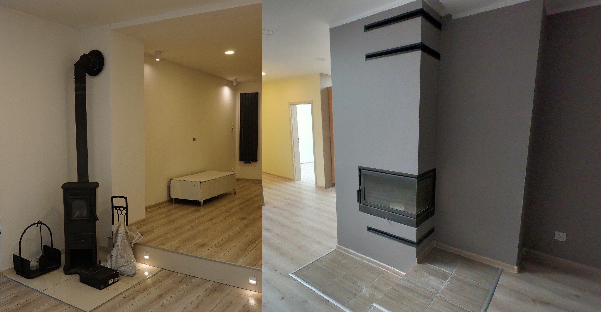 Nowoczesne wnętrze po remoncie z kominkiem obudowanym szarym kamieniem, widok na salon z drewnianą podłogą i białymi ścianami, czarny piec wolnostojący.