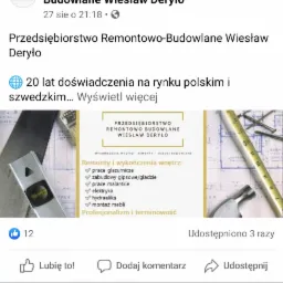 Ujęcie z profilu Facebook firmy remontowo-budowlanej Wiesław Deryło, prezentujące ofertę usług: prace glazurnicze, zabudowy gipsowe, prace malarskie, elektryka, hydraulika, montaż mebli, obok...