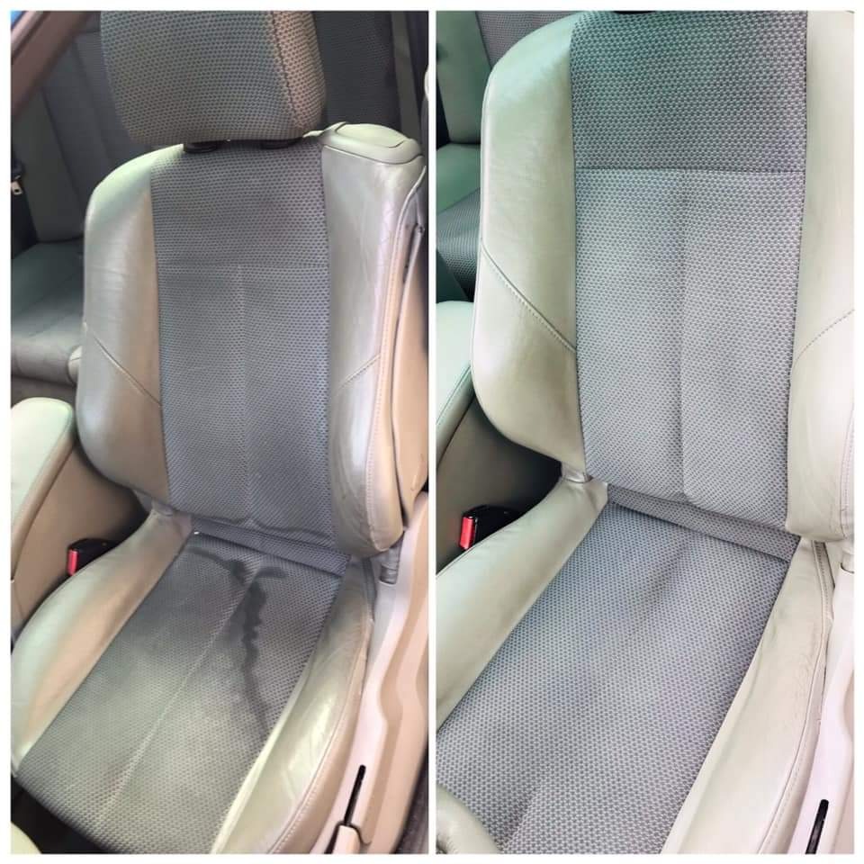 Porównanie fotela samochodowego przed i po czyszczeniu tapicerki, widoczne wyraźne różnice w czystości i wyglądzie materiału.