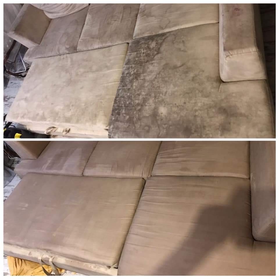 Beżowa kanapa modułowa: górny kadr przedstawia fragment przed i po czyszczeniu, z wyraźną różnicą w zabrudzeniach, dolny kadr ukazuje całą kanapę po zakończonym procesie czyszczenia, prezentując...