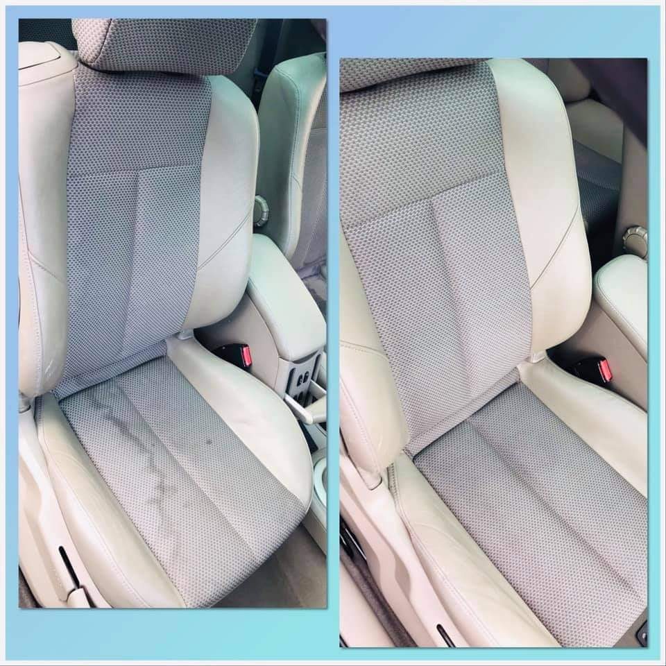 Porównanie: beżowy fotel samochodowy z szarą tapicerką, po lewej stronie widoczne zabrudzenia, po prawej fotel po czyszczeniu, ukazujący znaczną poprawę wyglądu.