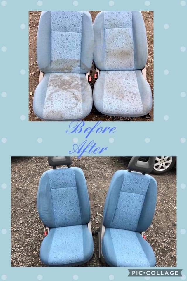 Dwa samochodowe fotele tapicerowane na niebiesko, zestawione w kolażu 'przed' i 'po' czyszczeniu. Górne ujęcie pokazuje fotele zabrudzone, zwłaszcza jeden z nich, podczas gdy dolne ujęcie...