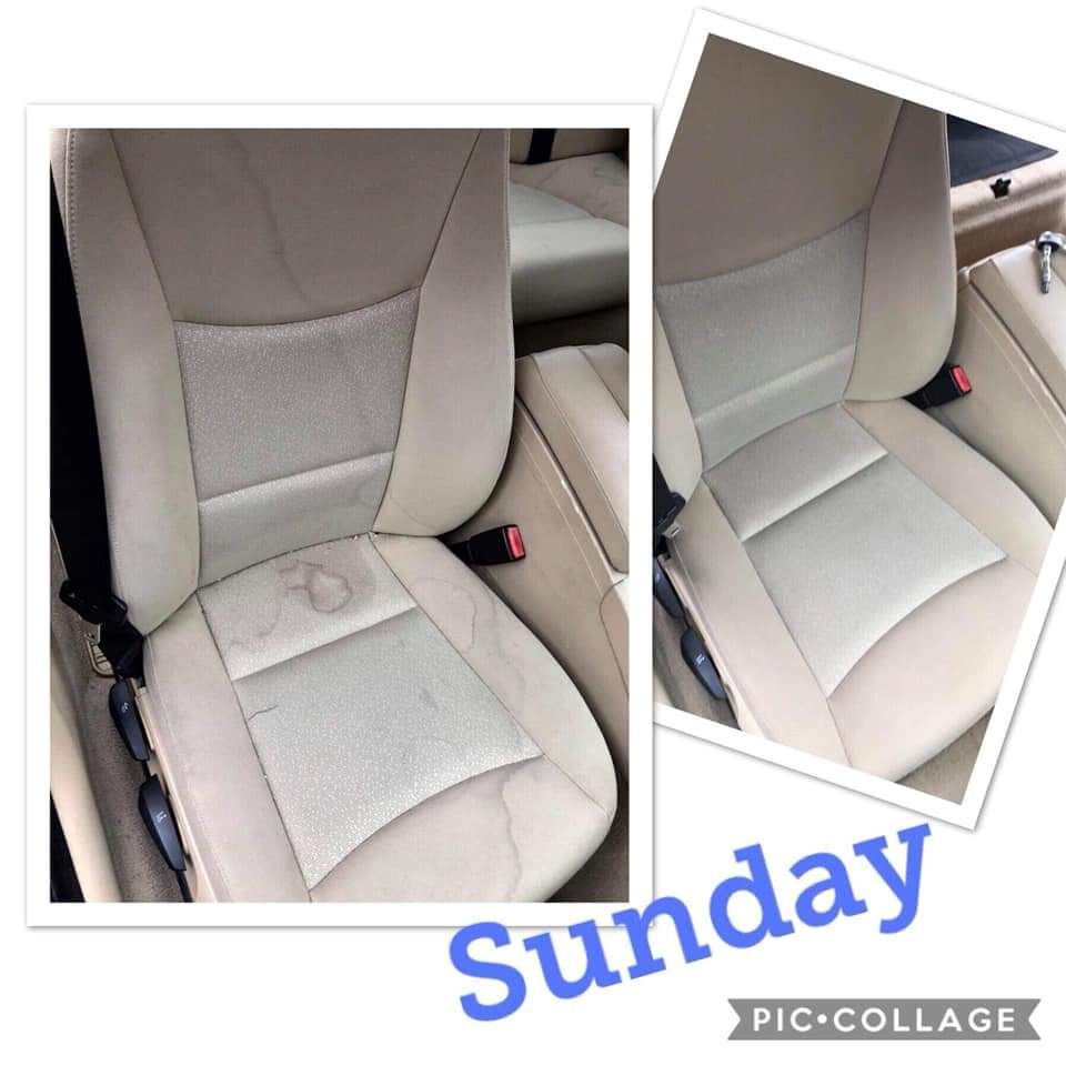 Dwa ujęcia beżowego fotela samochodowego przed i po czyszczeniu, widoczne plamy na lewym zdjęciu i czysta powierzchnia na prawym zdjęciu.