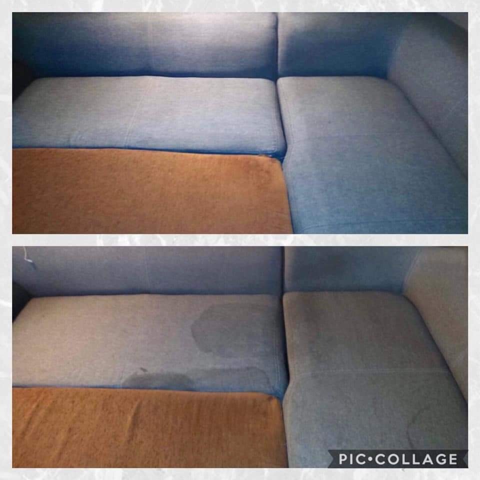 Dwuczęściowe zdjęcie sofy przed i po czyszczeniu: górna część pokazuje czystą, niebieską tapicerkę, dolna część ujawnia mokre plamy na tapicerce po praniu, z widocznym efektem odświeżenia koloru.