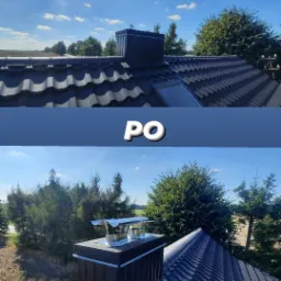 Porównanie stanu dachu i komina przed i po renowacji, widoczne zmiany w kolorze i wykończeniu, z bliska na tle zieleni.