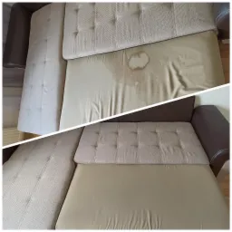 Porównanie: górna część sofy z plamą przed czyszczeniem, dolna część po czyszczeniu, widoczne wyraźne usunięcie zabrudzeń.