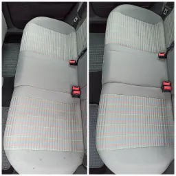 Porównanie tylnej kanapy samochodowej przed i po czyszczeniu, widoczne plamy i zabrudzenia po lewej stronie oraz czysta tapicerka po prawej, z pasami w odcieniach szarości, błękitu, zieleni...