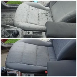Porównanie stanu fotela samochodowego przed i po czyszczeniu: góra - silne zabrudzenia i drobinki szkła, dół - czysty, szary fotel z widoczną fakturą materiału.