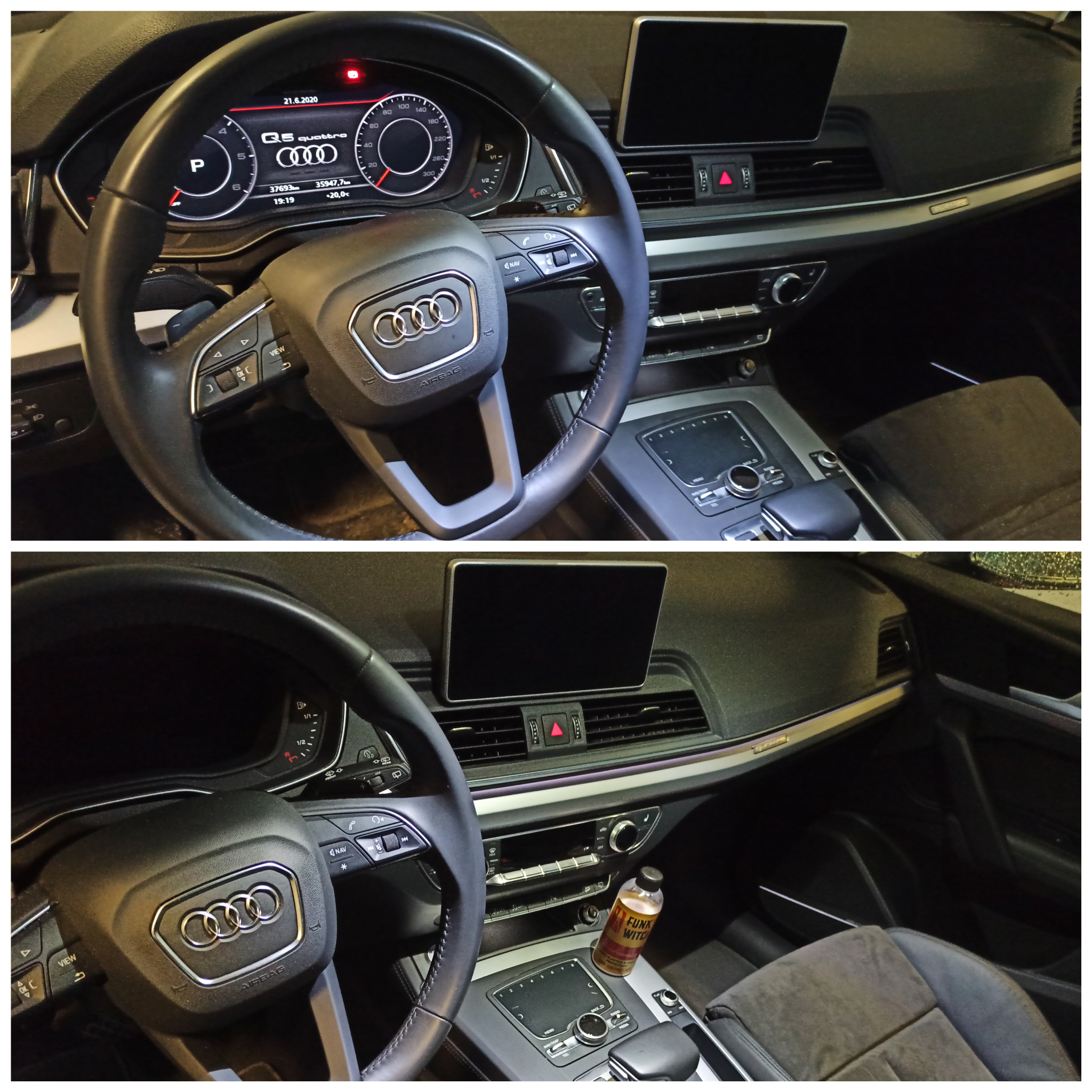 Wnętrze samochodu Audi Q5 z widocznym kokpitem, kierownicą z logo, wyświetlaczem oraz butelką środka czyszczącego 'Funk Witch' na konsoli środkowej.