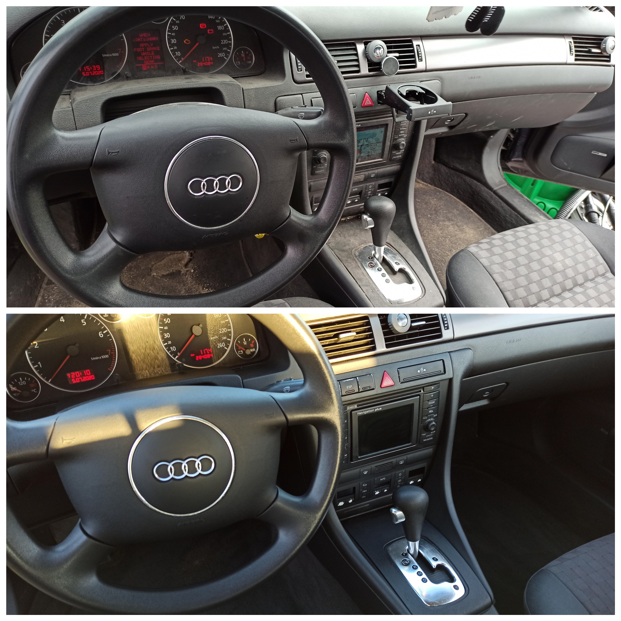 Porównanie wnętrza samochodu Audi A6 C5 przed i po czyszczeniu, widoczne różnice w czystości deski rozdzielczej, kierownicy i konsoli środkowej, z uwzględnieniem detali takich jak kurz...