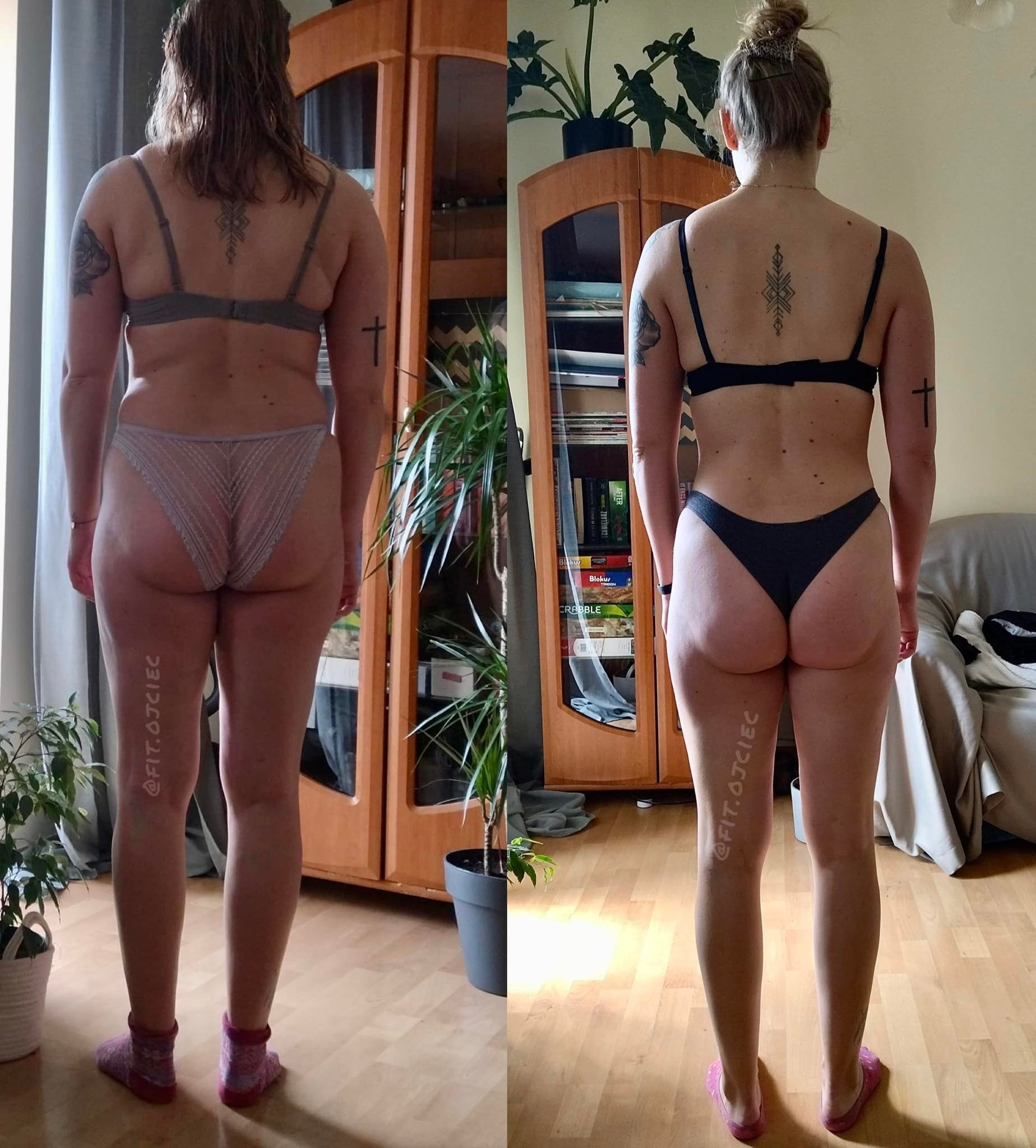 Kobieta w bieliźnie, porównanie sylwetki przed i po, widok z tyłu, tatuaże na plecach i ramionach, podpis @fit.ojciec na nogach.