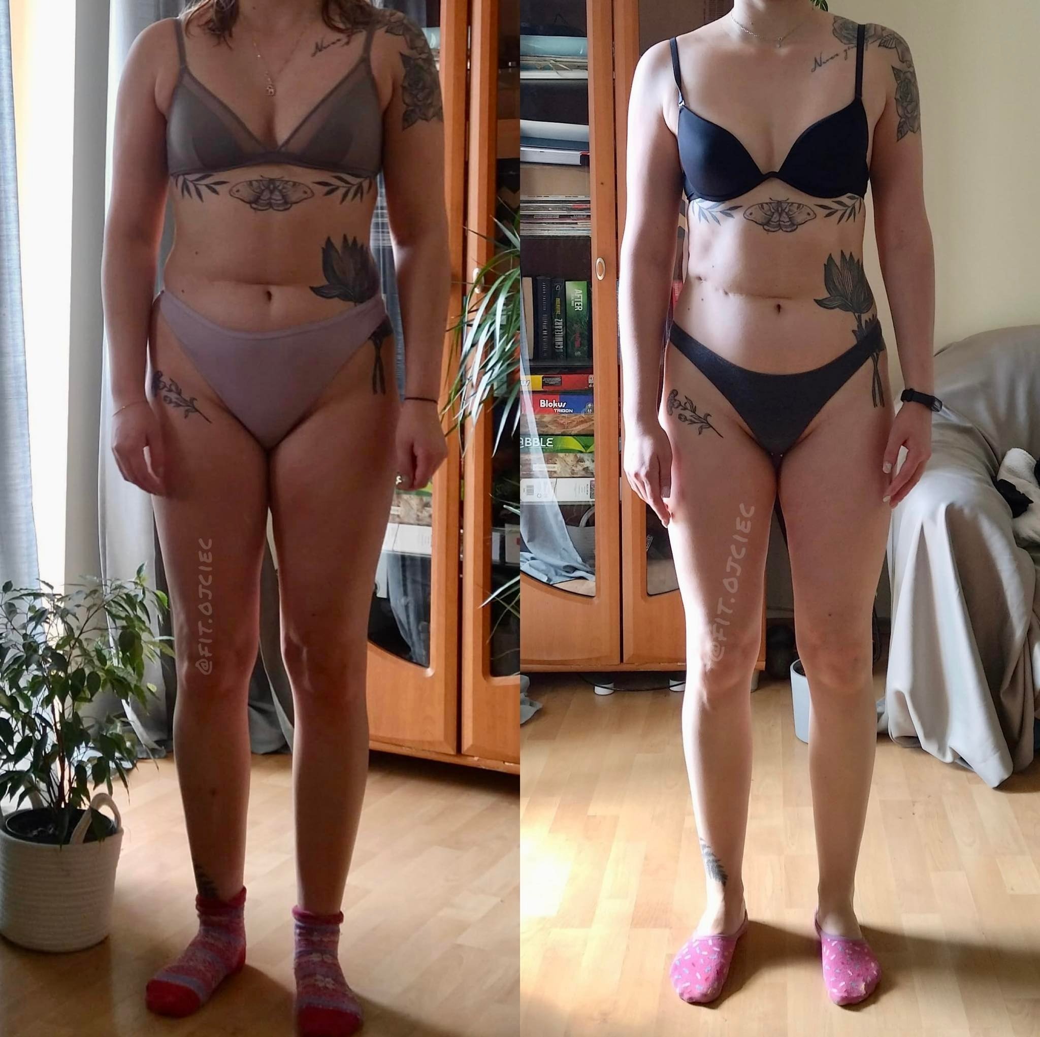 Zdjęcie porównawcze sylwetki kobiety przed i po, z widocznymi tatuażami na ciele, stojącej w bieliźnie w domowym wnętrzu z drewnianymi meblami i rośliną doniczkową w tle.