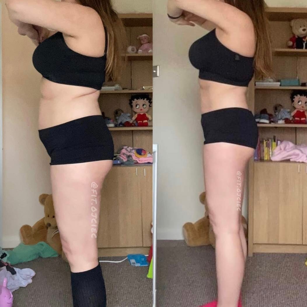 Kobieta w czarnym stroju sportowym prezentuje sylwetkę przed i po, widoczne zmiany w talii i udach, na tle dziecięcego pokoju z zabawkami.