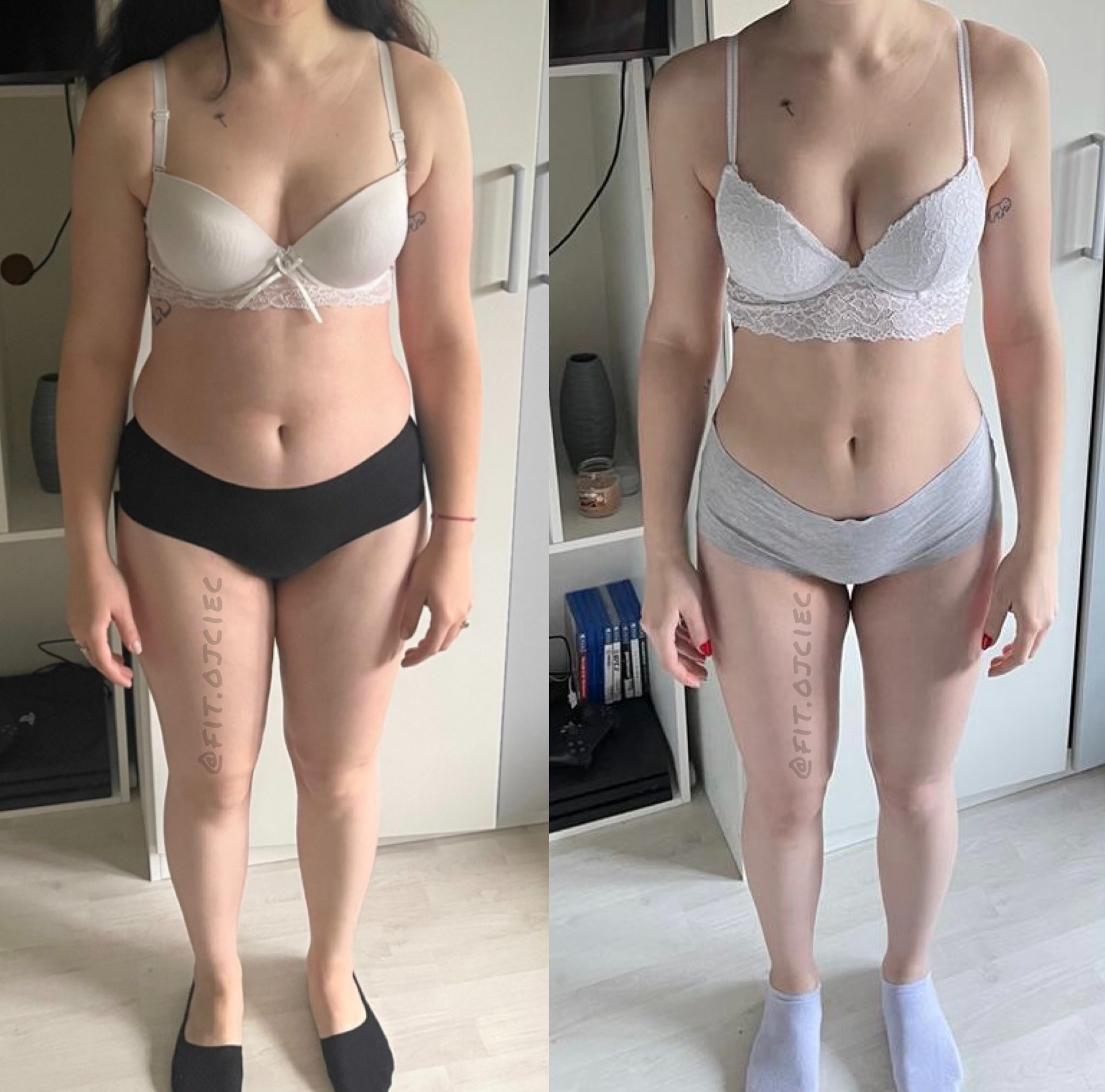 Porównanie sylwetki przed i po: metamorfoza klientki z Żyrardowa, widoczne zmiany w obwodzie talii i ud, podkreślone bielizną w różnych kolorach i fakturach, z subtelnym tatuażem na ramieniu.