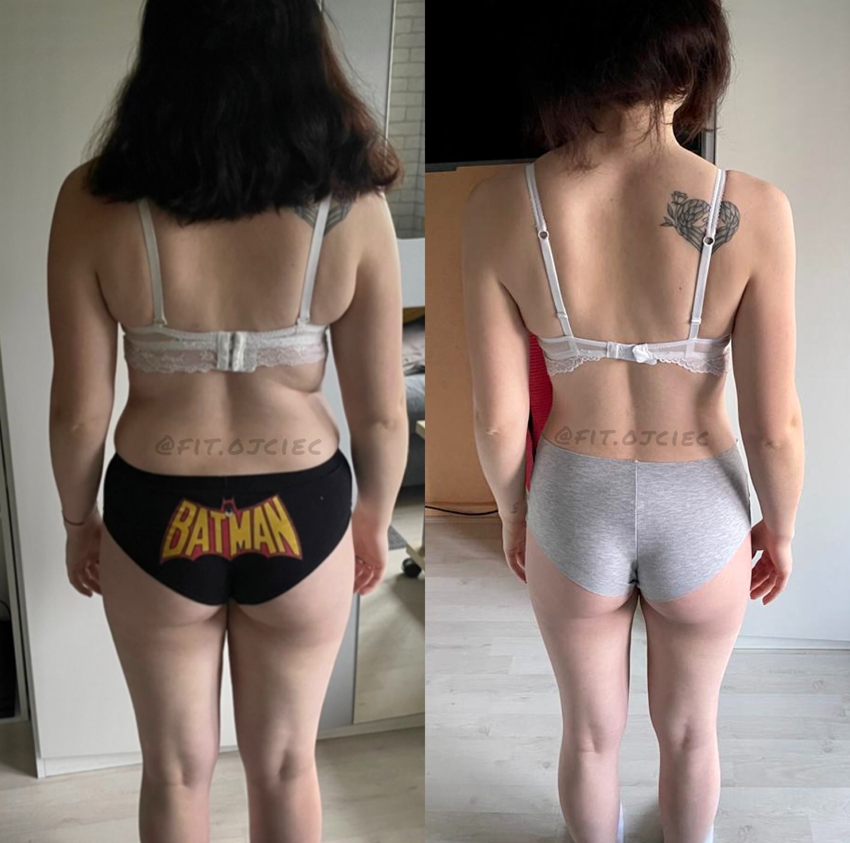 Kobieta, widok z tyłu, prezentuje porównanie sylwetki przed i po, widoczne zmiany w budowie ciała, bielizna sportowa, tatuaż na plecach.