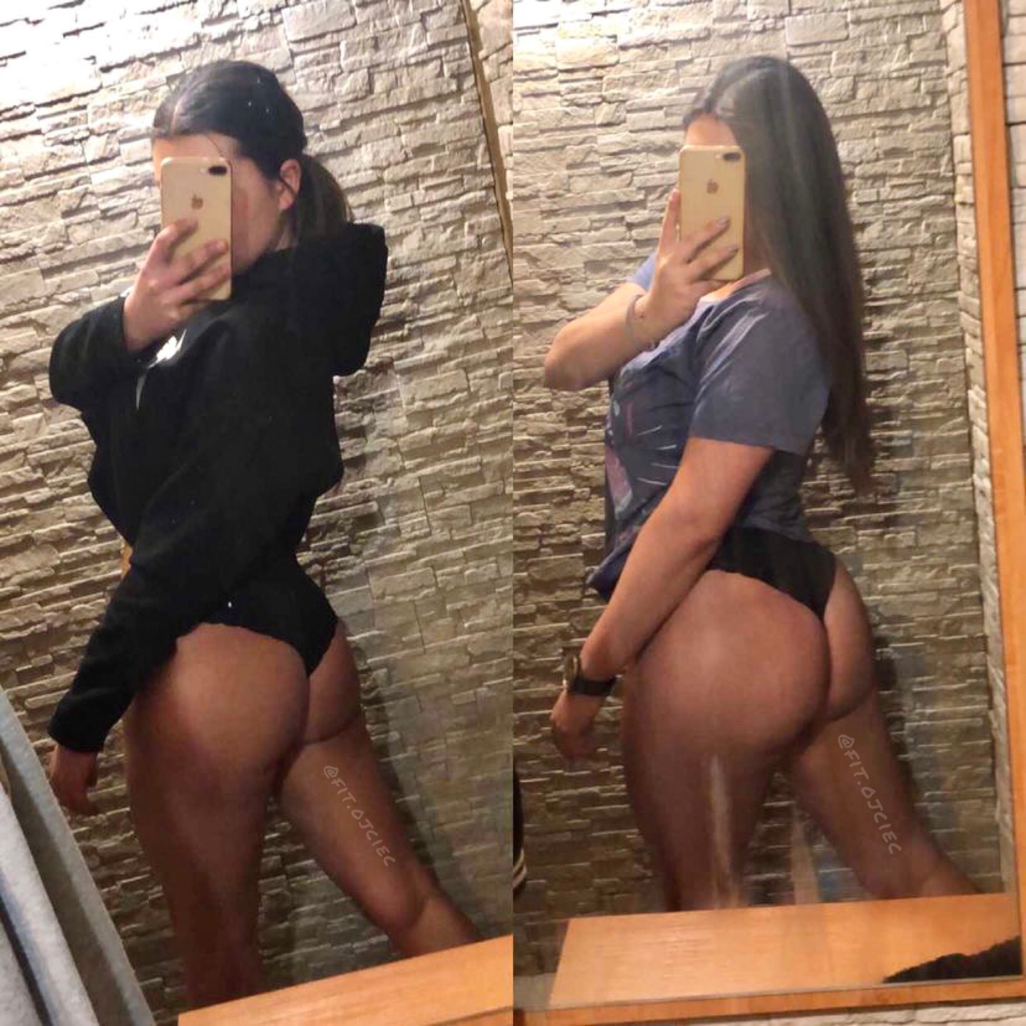 Porównanie sylwetki kobiety przed i po treningu, widoczne w odbiciu lustrzanym, z podpisem @fit.ojciec na nogach.