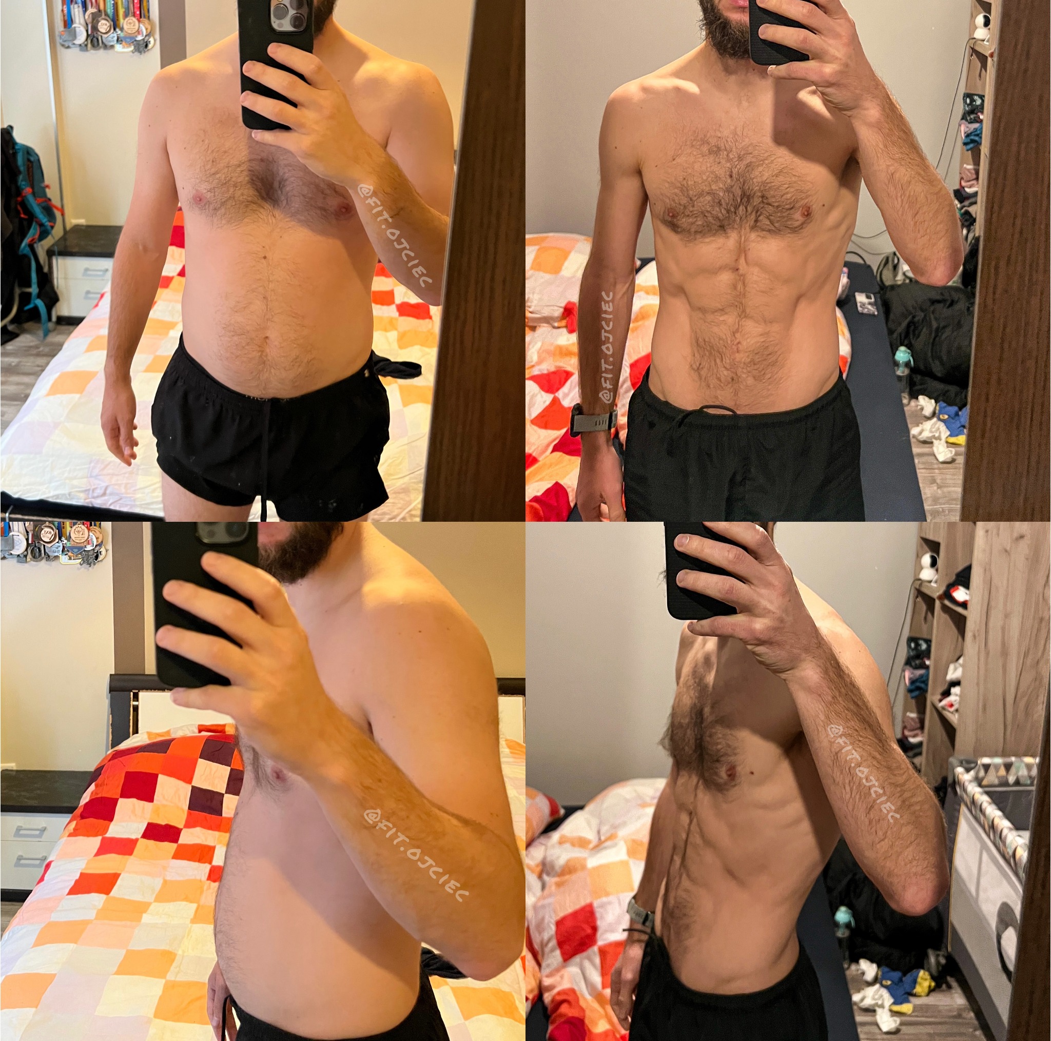 Mężczyzna prezentuje transformację sylwetki, zdjęcia przed i po treningach, widoczne zmiany w budowie ciała.