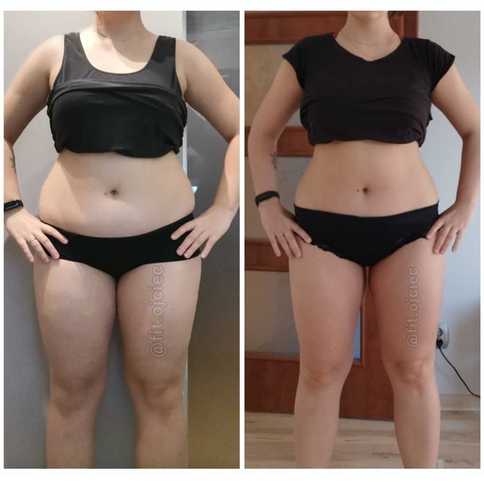 Kobieta prezentuje metamorfozę sylwetki: zdjęcie 'przed' i 'po' z widoczną różnicą w obwodzie talii i ud, z delikatnym tatuażem na lewym ramieniu widocznym na zdjęciu 'po'.