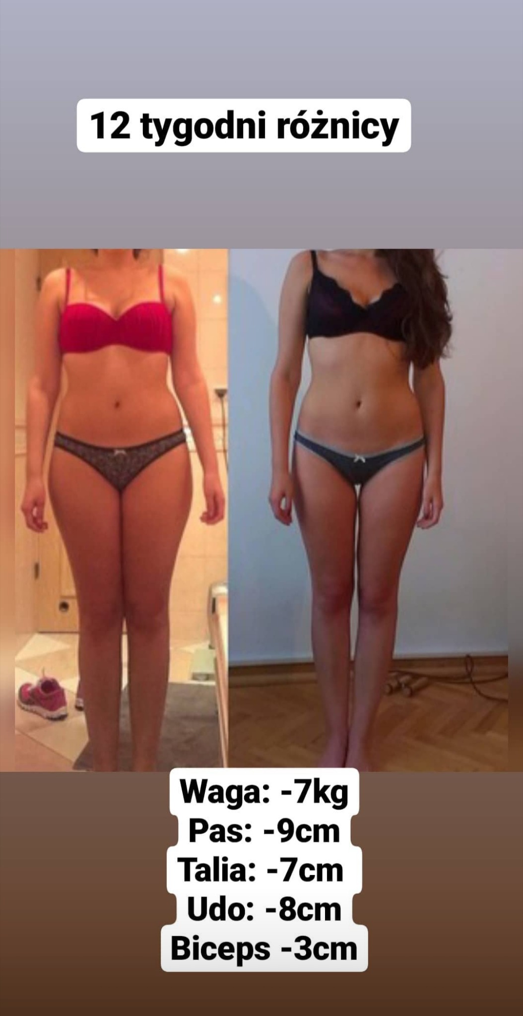 Zdjęcie porównawcze kobiety w bieliźnie przed i po 12-tygodniowej przemianie, z widocznymi zmianami w sylwetce i zmniejszeniem obwodów (waga, pas, talia, udo, biceps) o kilka centymetrów.
