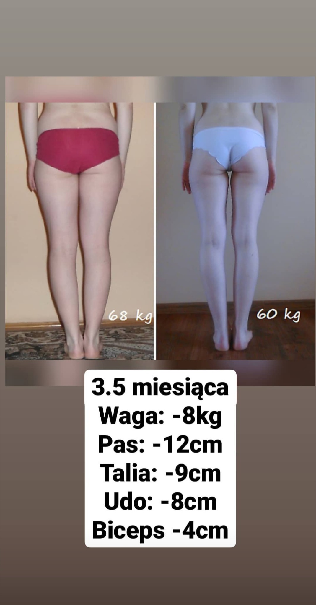 Porównanie sylwetki kobiety przed i po 3.5 miesiącach: redukcja wagi o 8 kg, obwodu pasa o 12 cm, talii o 9 cm, uda o 8 cm i bicepsa o 4 cm. Zdjęcie zrobione od tyłu, ukazujące różnicę w sylwetce.