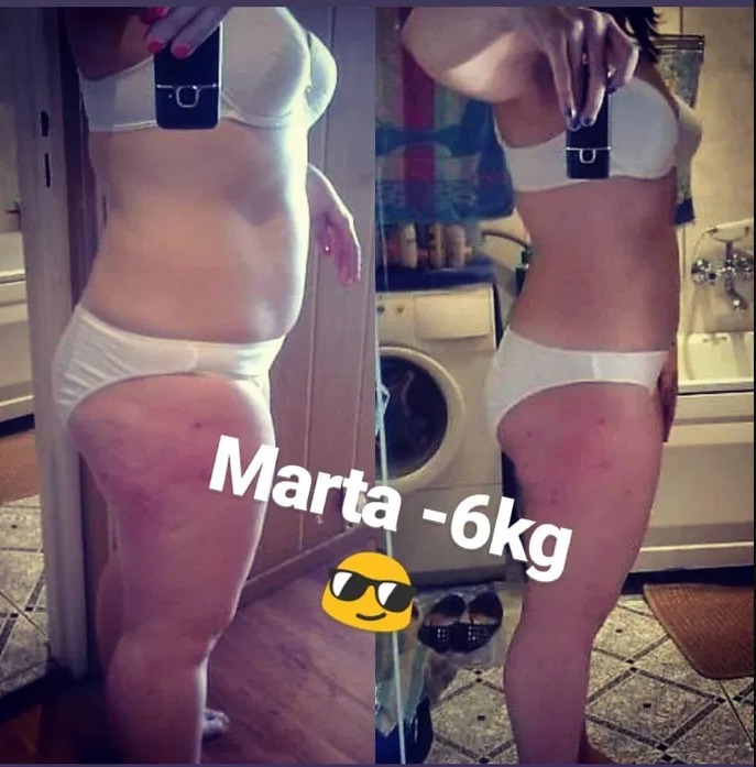 Porównanie sylwetki kobiety w bieliźnie przed i po utracie 6 kg, z widocznym efektem na udach i brzuchu, zrobione telefonem w łazience.