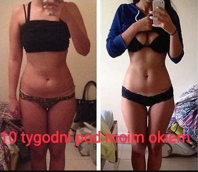 Porównanie sylwetki kobiety przed i po 10 tygodniach treningu, widoczne zmiany w talii i udach, zdjęcia zrobione telefonem komórkowym.