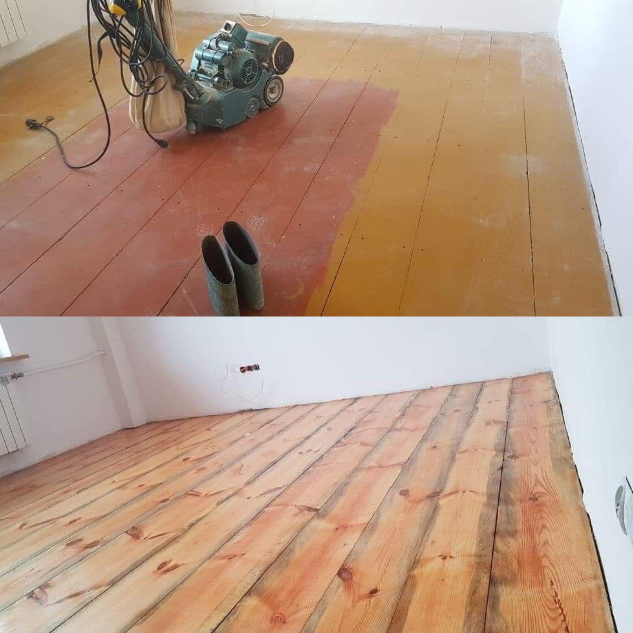 Dwuczęściowe ujęcie: górna część pokazuje cykliniarkę na częściowo wycyklinowanej, brązowej podłodze, z parą gumowców obok; dolna część prezentuje odnowioną, jasną, drewnianą podłogę w pustym pokoju.