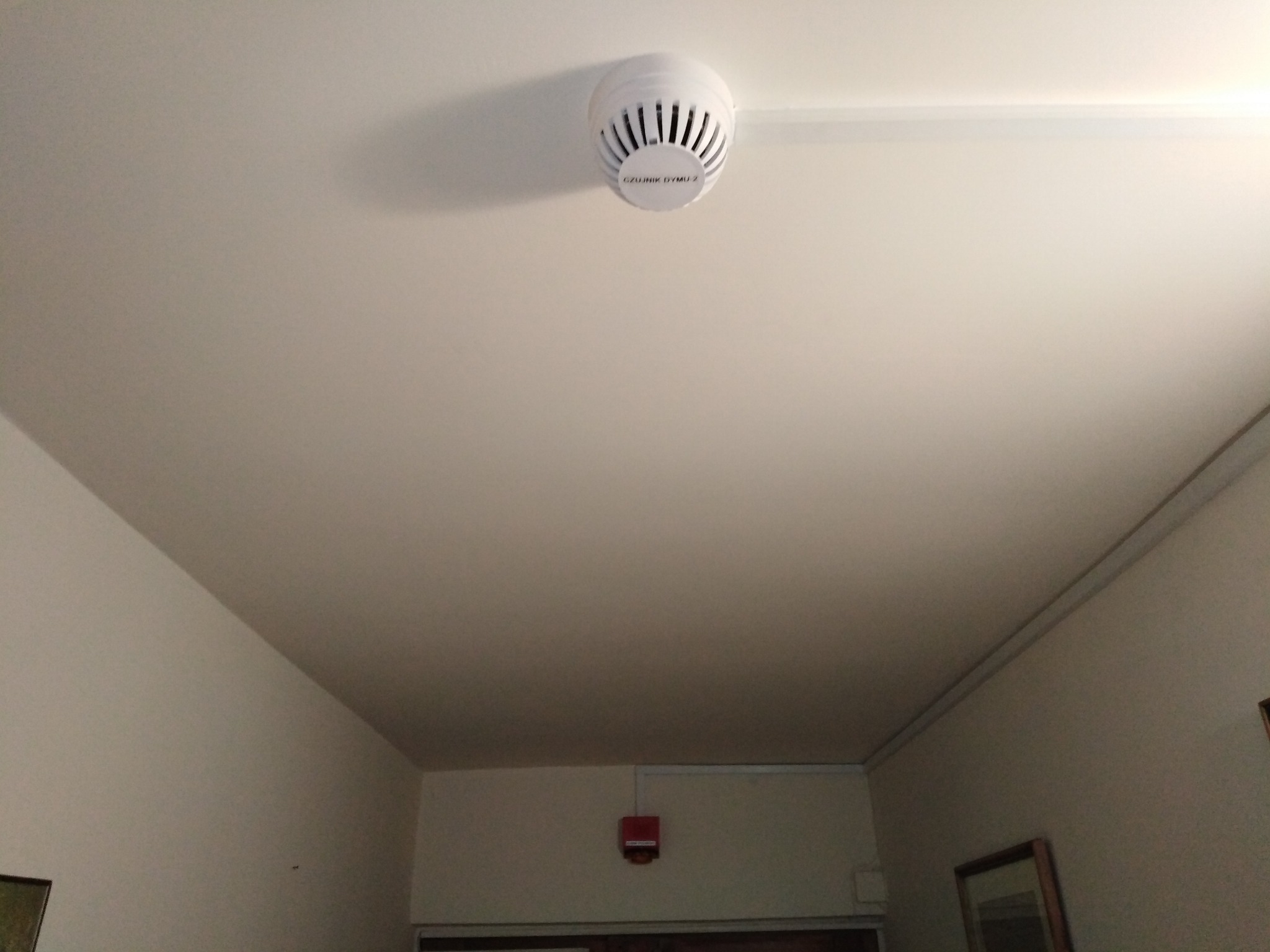 Zamontowany na suficie biały czujnik dymu z widocznymi szczelinami wentylacyjnymi i napisem 'CZUJNIK DYMU-2' w korytarzu budynku mieszkalnego, z widocznym fragmentem ściany, listwy sufitowej...