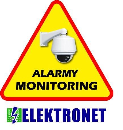 Grafika przedstawiająca żółty trójkąt ostrzegawczy z czerwoną obwódką, na którym umieszczono białą kamerę monitoringu oraz napisy 'ALARMY' i 'MONITORING' w kolorze czarnym. Poniżej logo firmy...