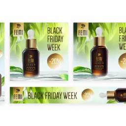 Kompozycja graficzna z buteleczkami serum marki FEMI, promująca Black Friday Week z 20% zniżką, na tle liści i wody.