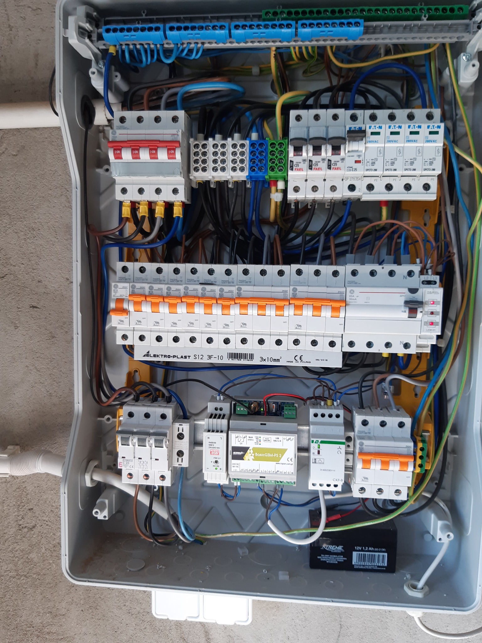 Otwarta skrzynka rozdzielcza z zabezpieczeniami nadprądowymi, różnicowoprądowymi, modułami sterującymi i akumulatorem podtrzymującym, widoczne przewody w różnych kolorach.