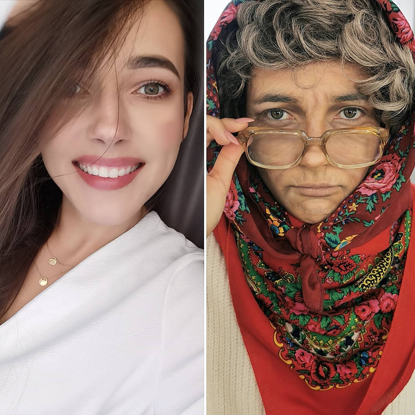 Portret kobiety przed i po charakteryzacji na starszą osobę, z widocznymi efektami postarzenia skóry i zmian w wyglądzie włosów, z kontrastem między młodym, świeżym wyglądem a starszym, bardziej...