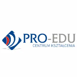 Logo firmy Pro-Edu Centrum Kształcenia z motywem żaglowca w kolorach niebieskim i czerwonym.