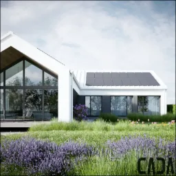 Wizualizacja nowoczesnego domu jednorodzinnego z dużymi przeszkleniami i panelami słonecznymi na dachu, otoczonego kwitnącą roślinnością w odcieniach fioletu i zieleni.