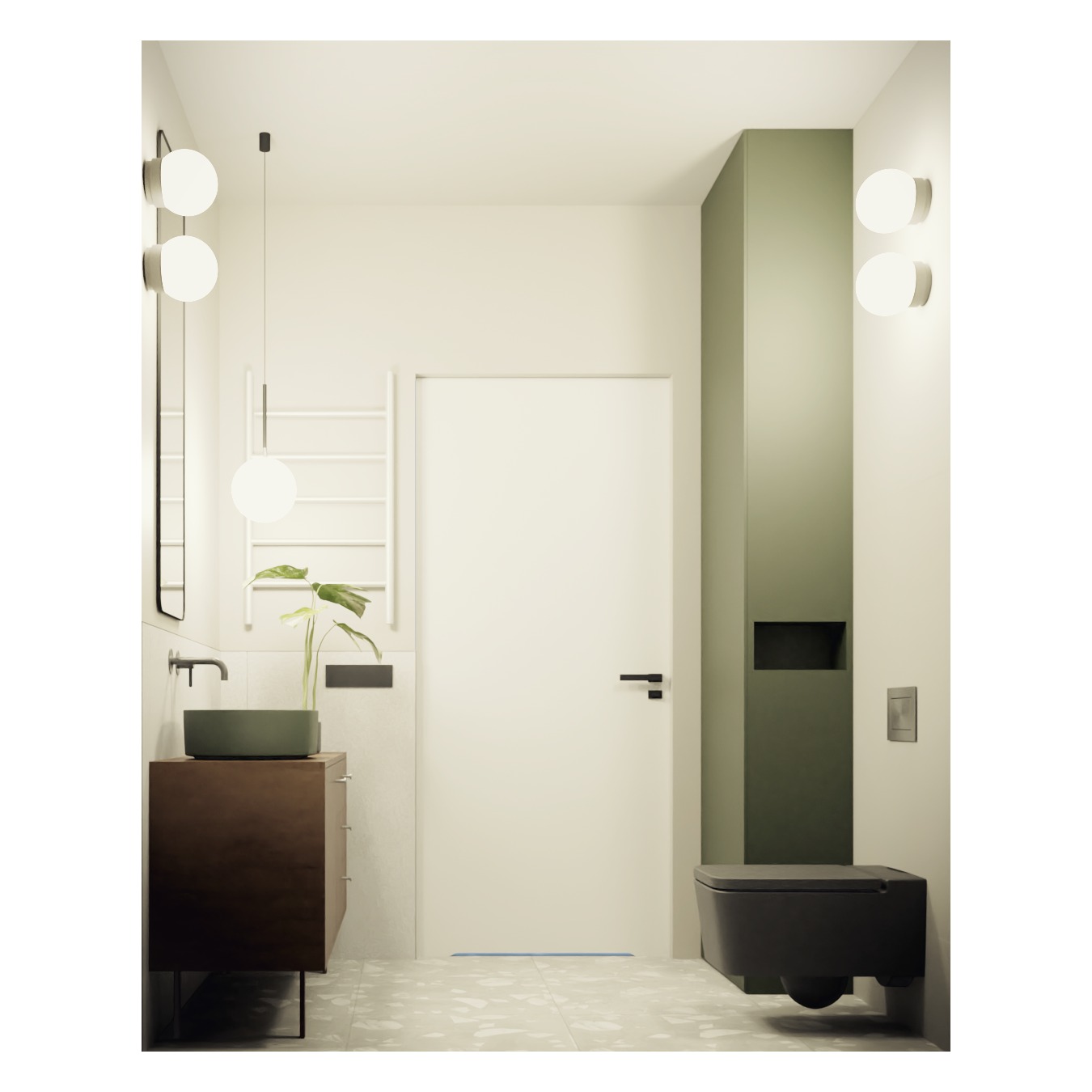 Nowoczesna łazienka z ciemnobrązową szafką pod umywalkę, zieloną umywalką nablatową i rośliną, białą drabinką na ręczniki, podwieszaną toaletą w odcieniach szarości oraz kulistymi lampami na ścianach.