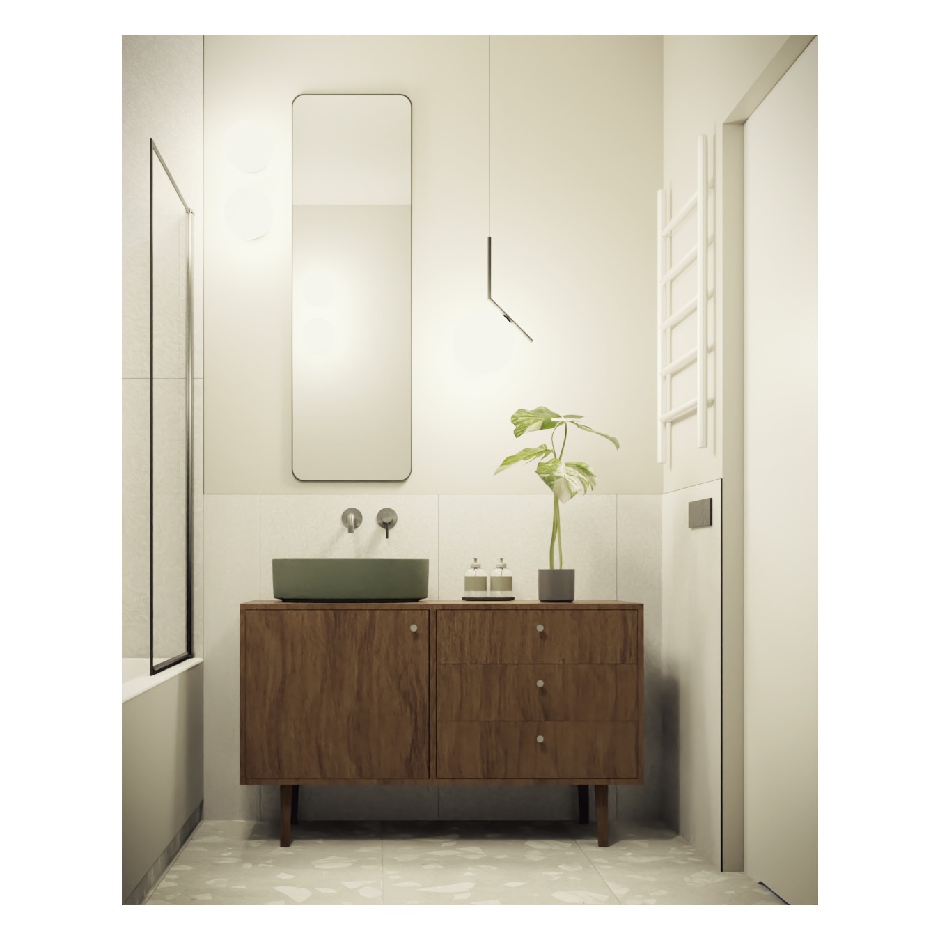 Nowoczesna łazienka z umywalką w odcieniu oliwkowym, drewnianą szafką, minimalistycznym lustrem i grzejnikiem drabinkowym