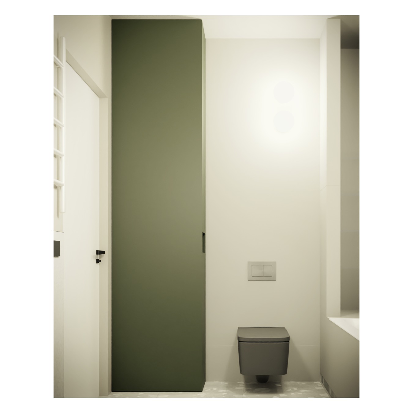 Minimalistyczna łazienka z wiszącą toaletą w odcieniach szarości, z akcentem oliwkowej zieleni na wysokiej szafce.